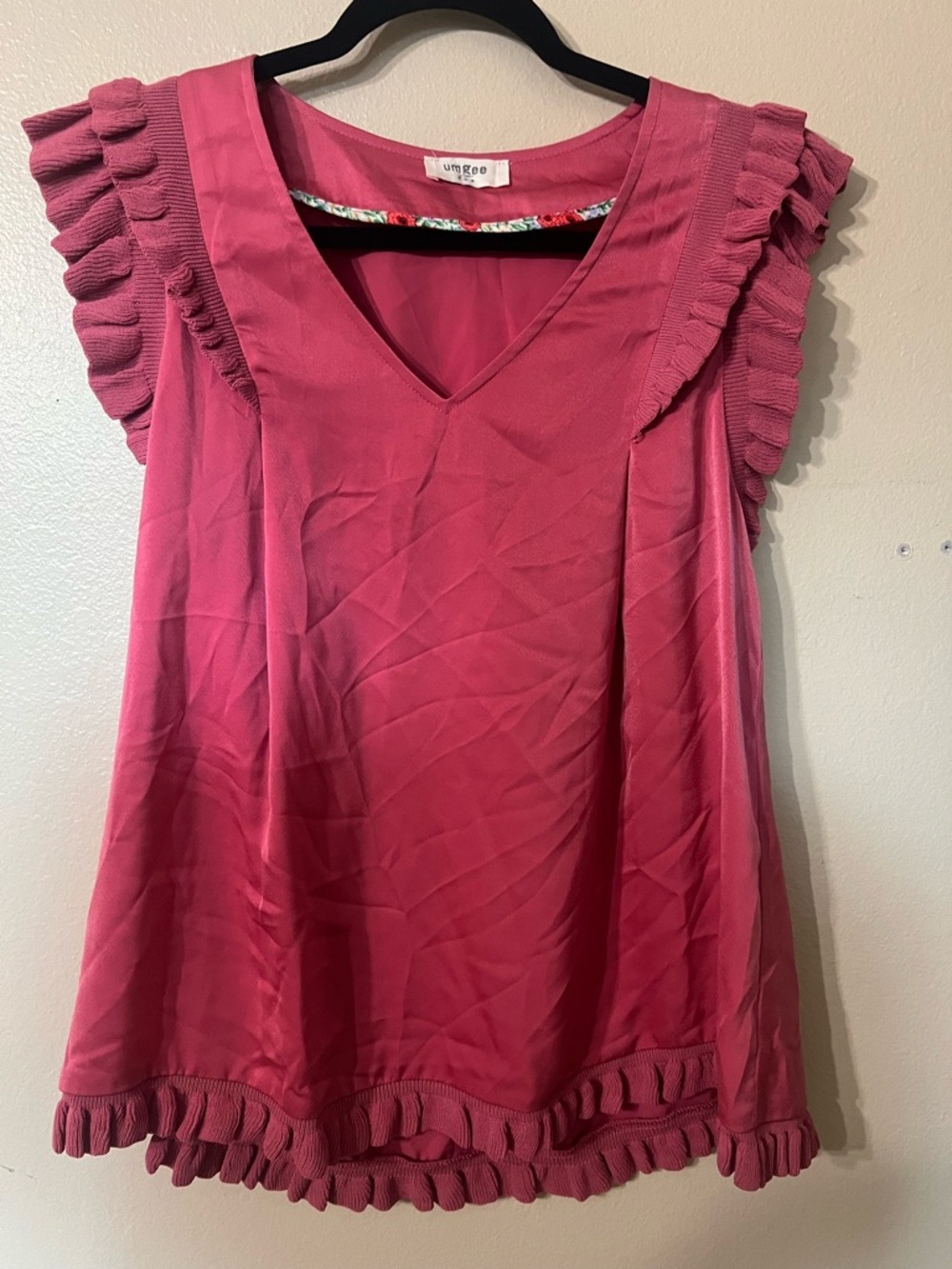 Umgee Pink Ruffle V-Neck Flutter Sleeve Top